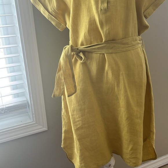 Marisa & Marie Linen Yellow Short Sleeve Mid Length Dress with Waist String - Picture 3 of 9